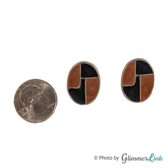 Chico's Oval Brown Black Swirl Checkered Enamel Pierced Silver Tone Earrings - Picture 5 of 10